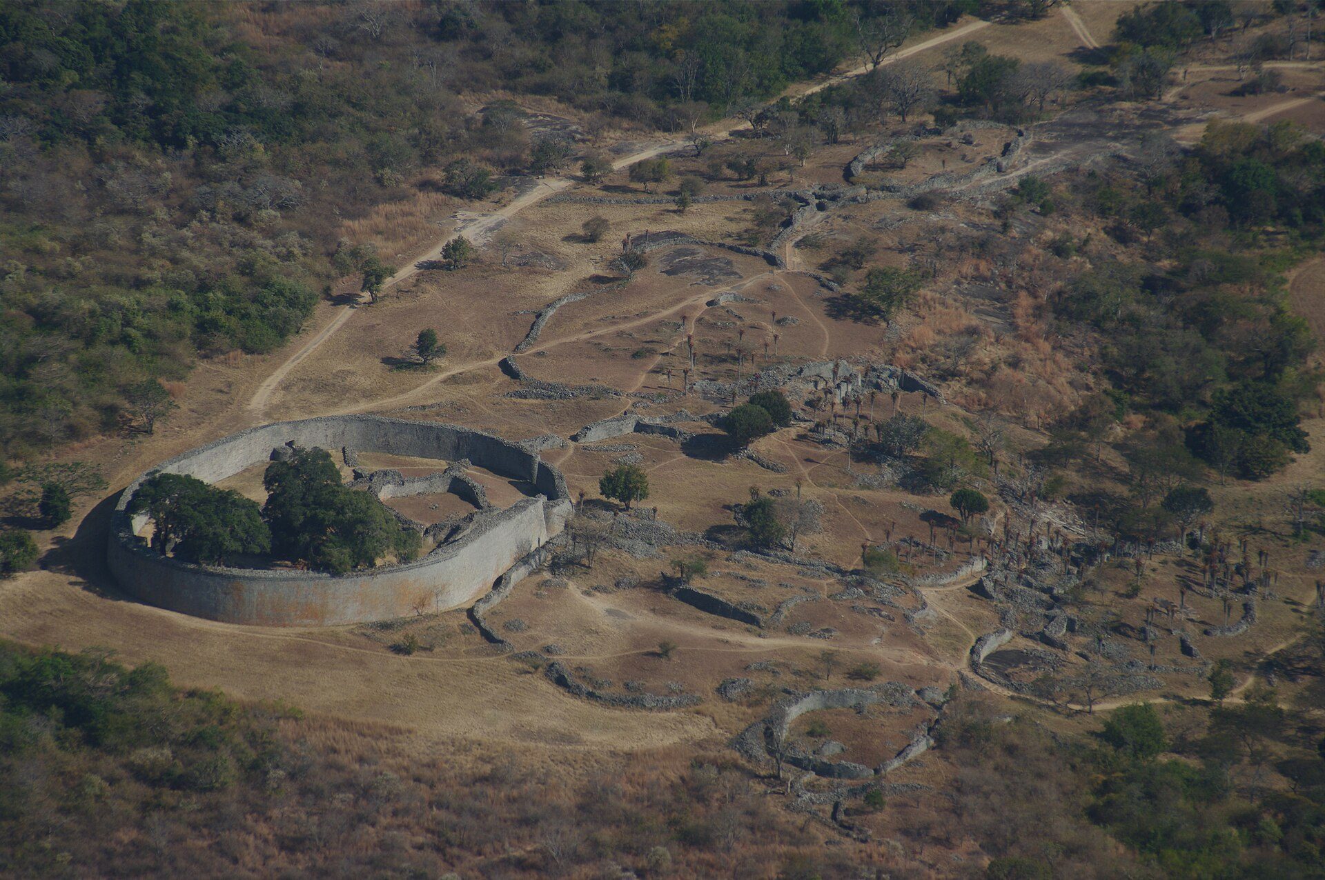 Aerial view of the stone enclosures of Great Zimbabwe