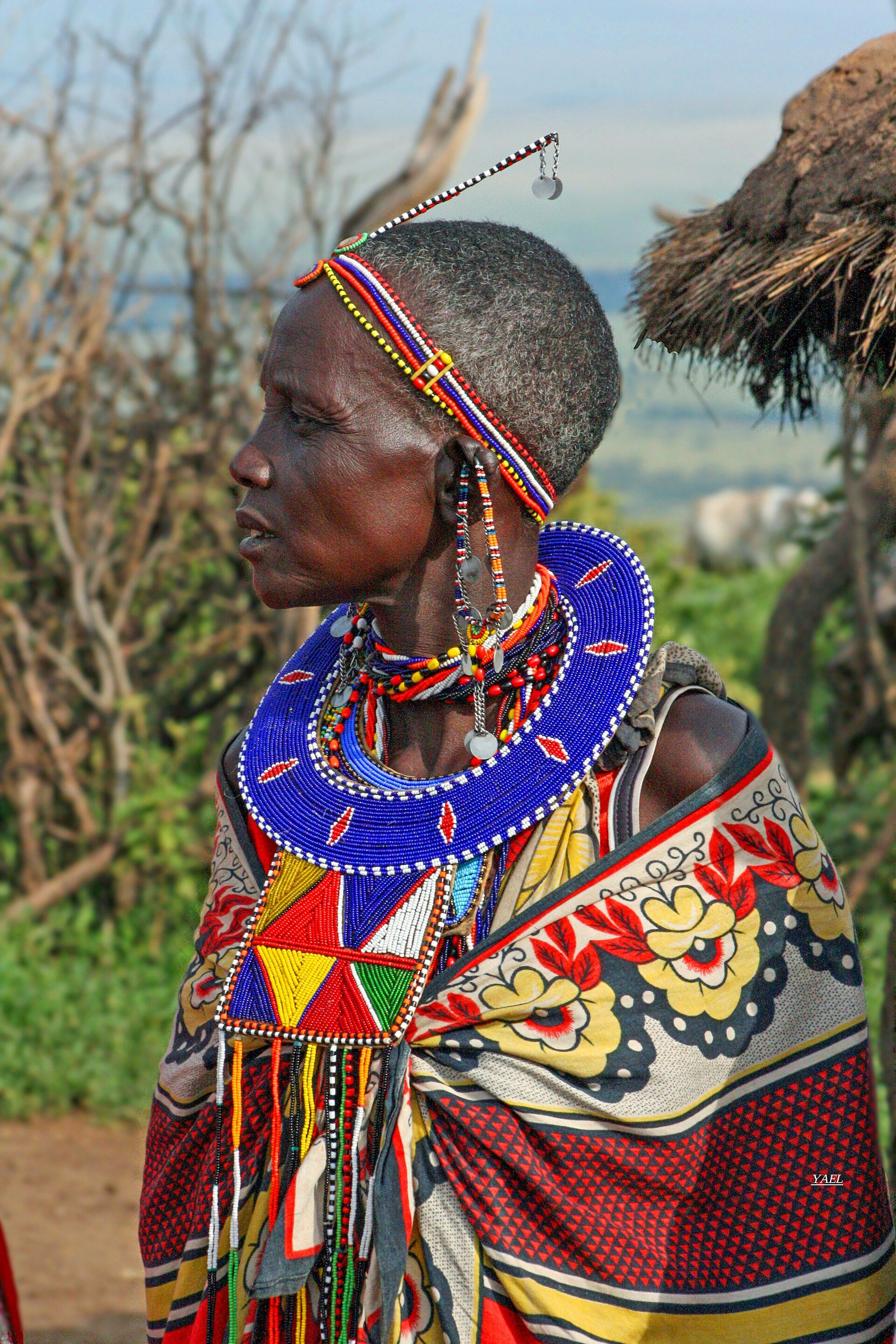 A Maasai elder in a wide beaded collar and patterned shawl, looking into the distance
